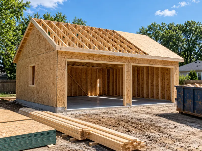 A garage shell on a lot with its roof trusses set, one side sheathed and the overhead door openings still empty, with lumber and a dumpster beside it