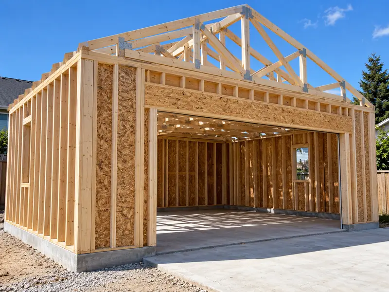 A framed garage with studs, a wide header over the door opening and roof trusses on a concrete slab, in front of a blue sky