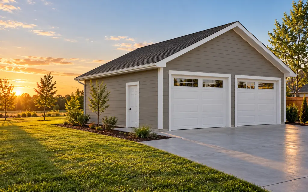 A two-car garage with taupe siding, white trim and two white overhead doors with window panes, a white walk door on the side wall, a shingle roof and a concrete apron on a lawn at sunset