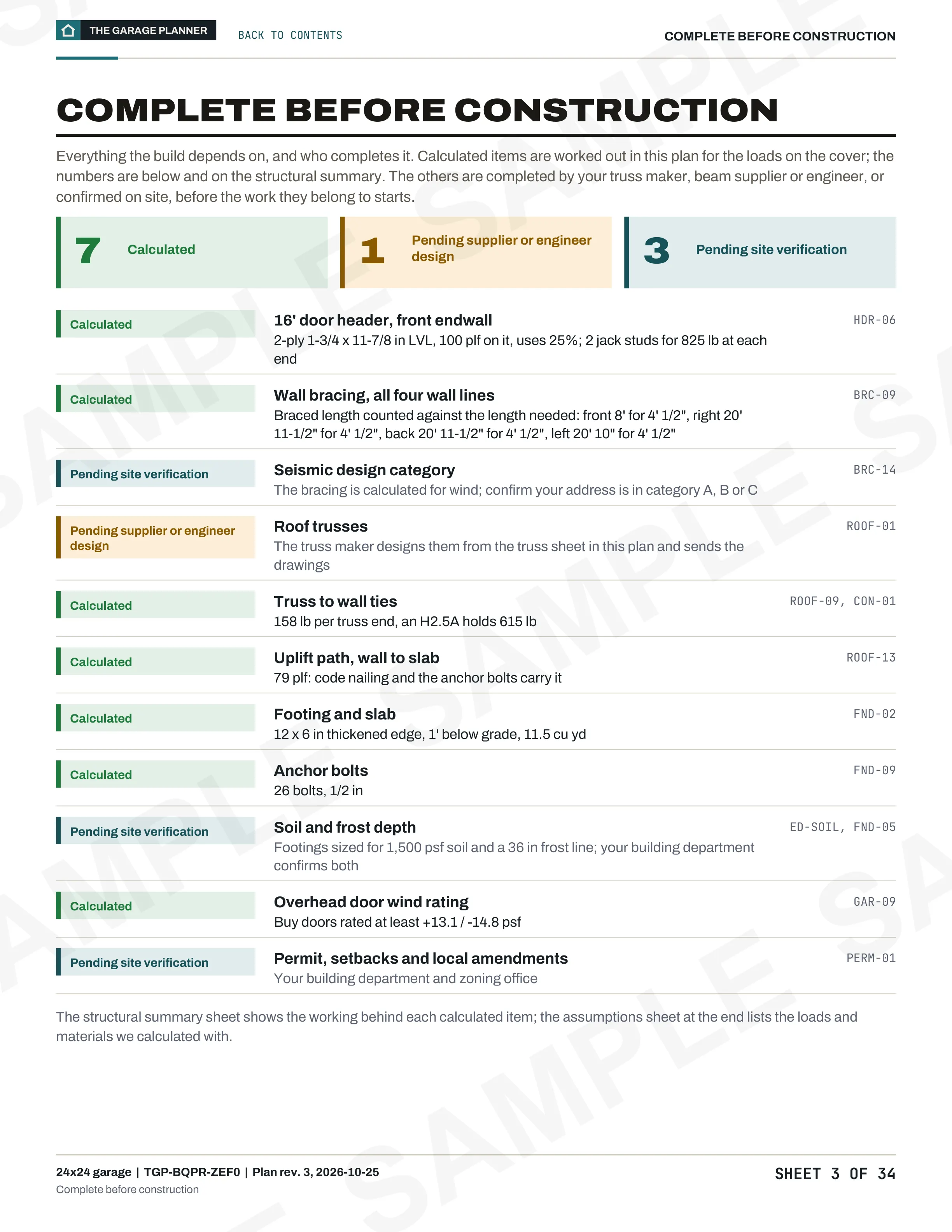 Sample sheet 2 of 34: complete before construction