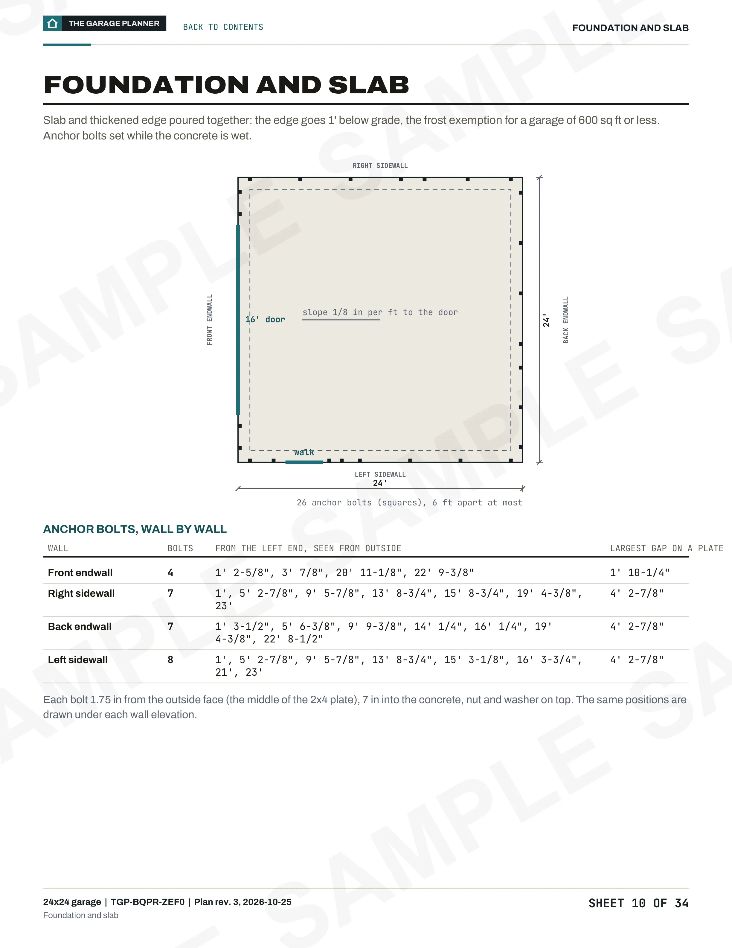 A sample sheet from the plan for the 24x24 garage: foundation and slab