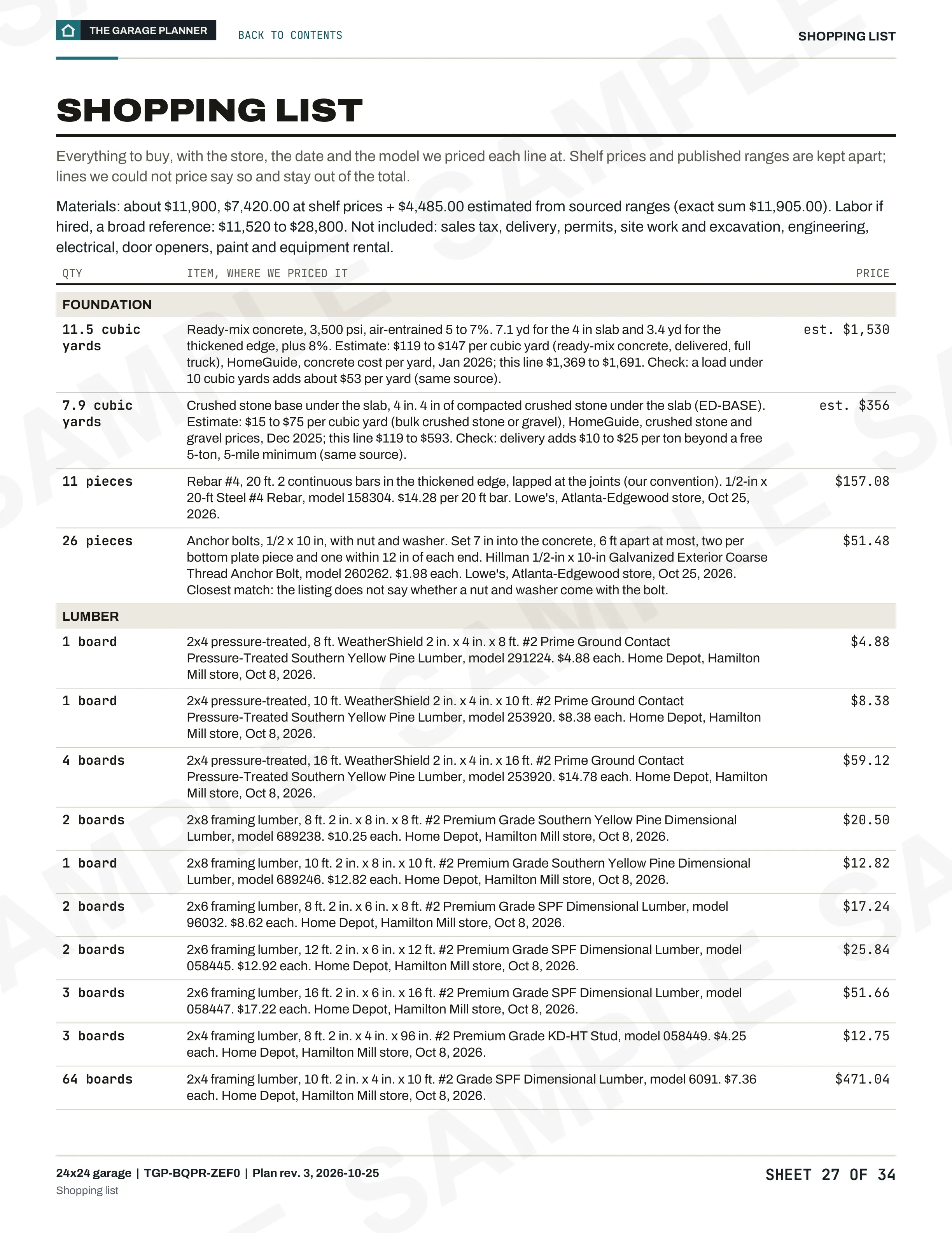 A sample sheet from the plan for the 24x24 garage: the shopping list with store prices