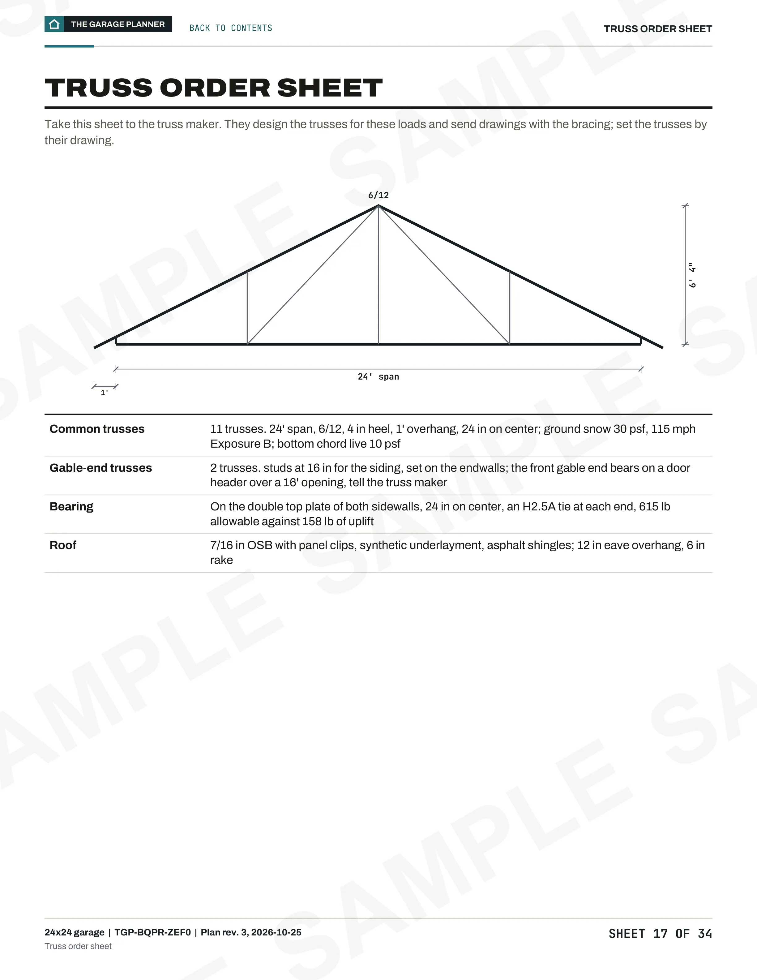 A sample sheet from the plan for the 24x24 garage: truss order sheet